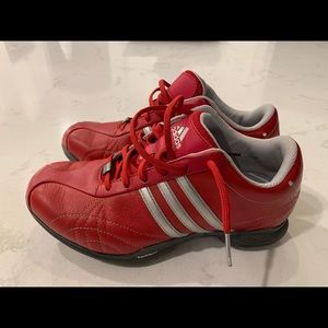 Adidas red leather women’s golf shoes with bling plus new soft spikes.